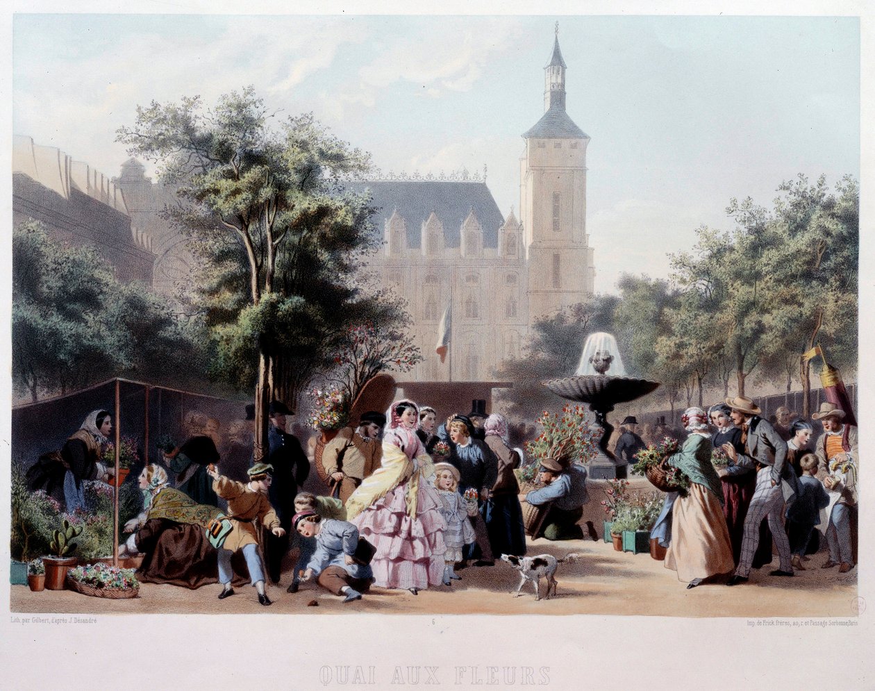 View of the Quai aux Fleurs in Paris The walk on the Ile de la Cite. Lithograph by Jules Marie Desandre 19th century Paris, Musee Carnavalet by Jules Marie Desandre