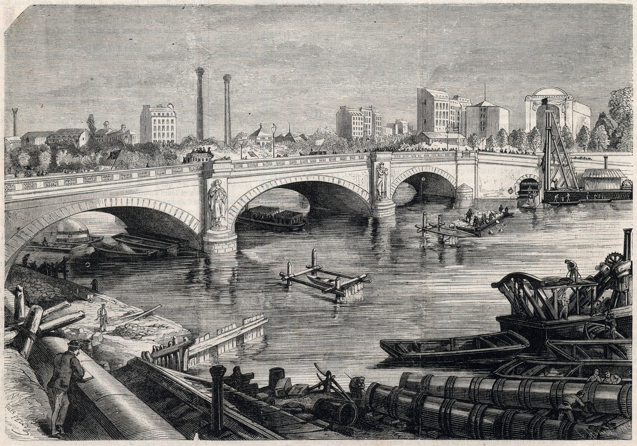 Transformations of Paris under the Second Empire, Haussmann Paris: works undertaken in front of the bridge of the Alma in Paris for the passage of the collector sewer at the bottom of the Seine. Drawing by Jules Pelcoq. Engraving in 