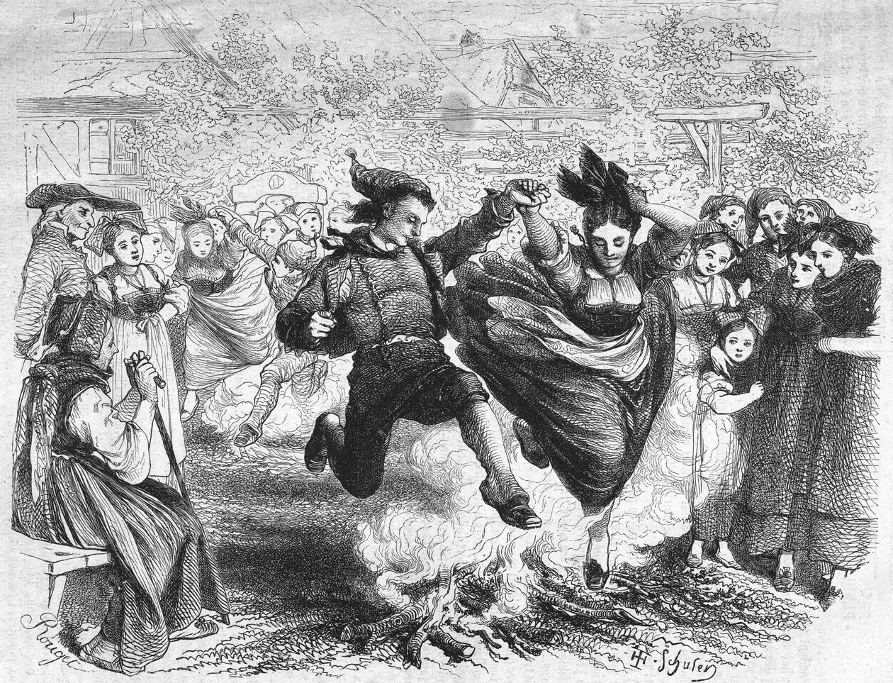 The fire of Saint John in Alsace in the middle of the 19th century. Engraving after the drawing of TH. Schuler by Jules Theophile (after) Schuler