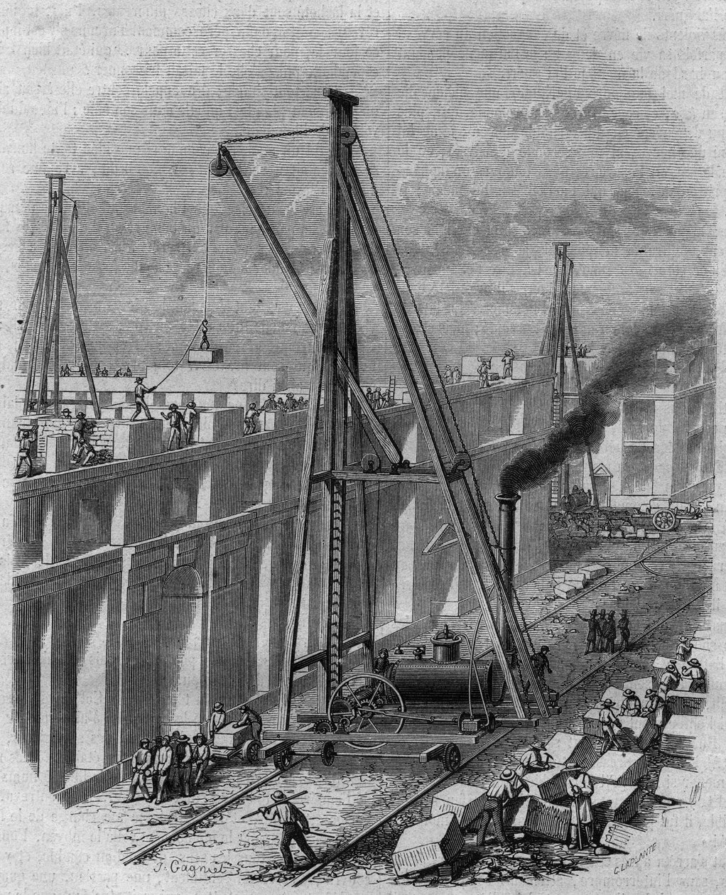 Elevatory steam machine used on a construction site of a house. Engraving by Gagniet in 