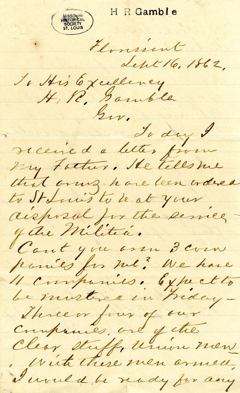 Letter signed Julian Bates, Florissant, to His Excellency H.R. Gamble, September 16, 1862 by Julian Bates