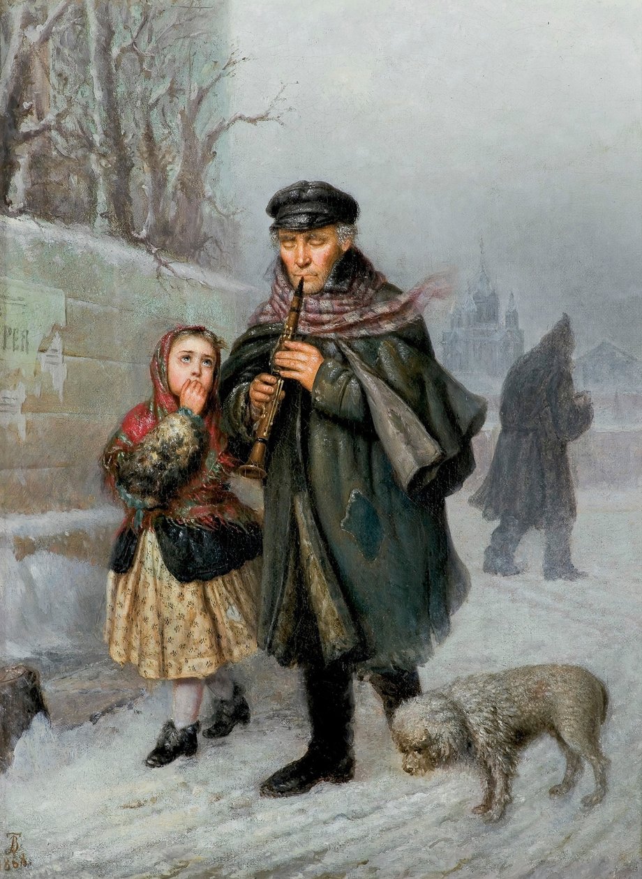 Clarinetist - Scene from the Streets of St. Petersburg (Beggar Clarinetist with Girl and Dog) by Julian Bończa Tomaszewski
