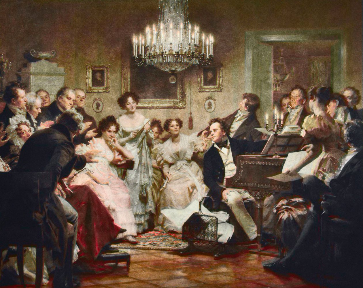 Franz Schubert at the piano during a Schubert Evening in a Vienna salon - engraving after Julius Schmid by Julius Schmid