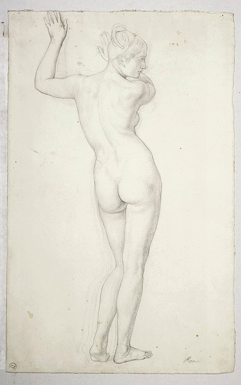 Female Nude in Standing Pose, Shown from the Back; Verso, Outline of Female Nude by Julius Schnorr von Carolsfeld
