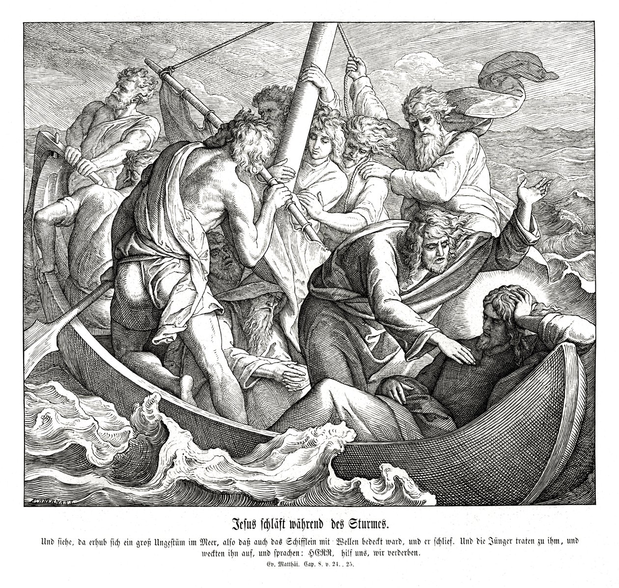 Jesus sleeps during the storm, Gospel of Matthew by Julius Schnorr von Carolsfeld
