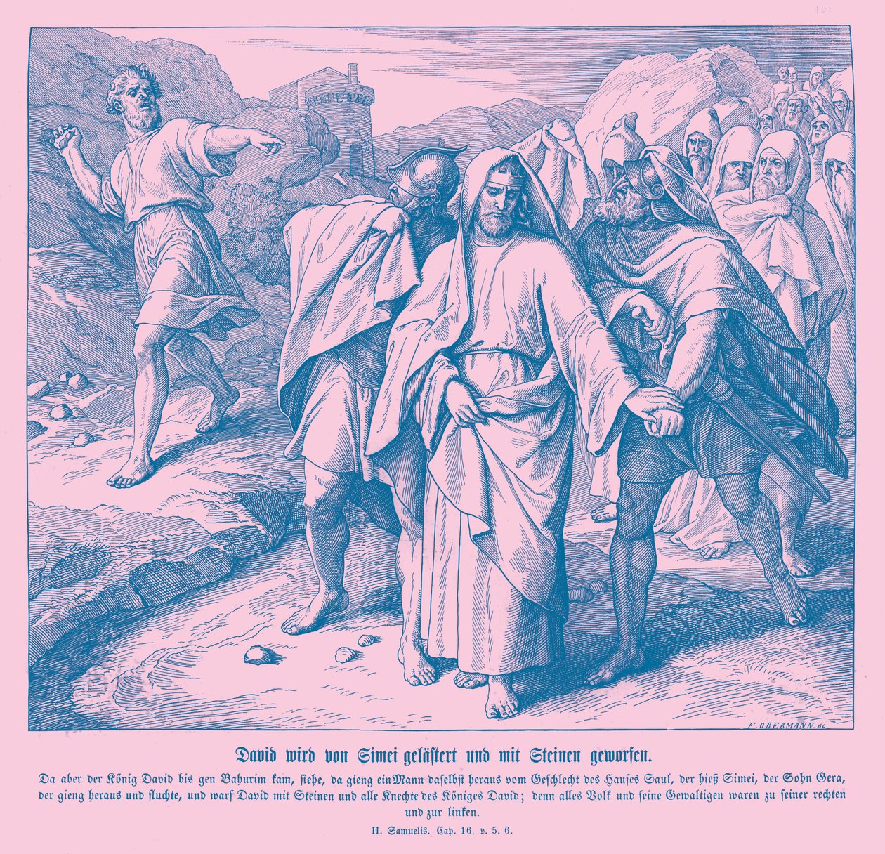 Shimei Curses and Throws Stones at David, 2 Samuel by Julius Schnorr von Carolsfeld