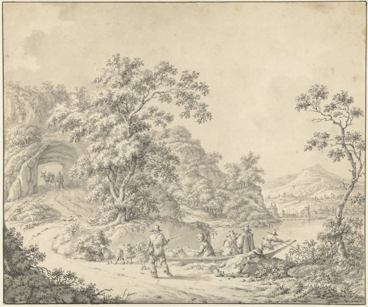 Landscape with a Boat in which a Shepherd with His Flock by Jurriaan Andriessen (attributed to)