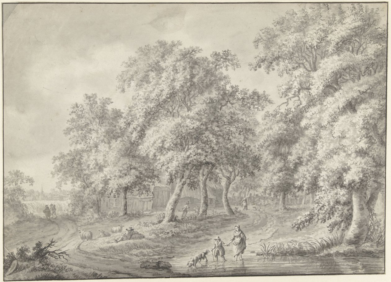 Landscape with Mother and Child with Dog Wading Through a Pool by Jurriaan Andriessen (possibly)