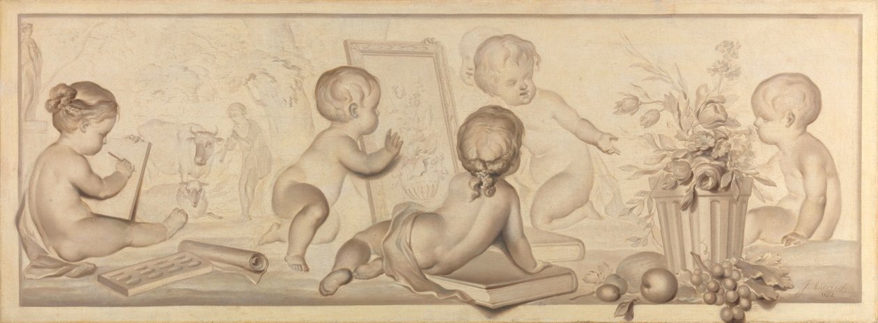 Six Putti with Flowers and Fruit and Attributes of the Art of Drawing by Jurriaan Andriessen (signed by artist)