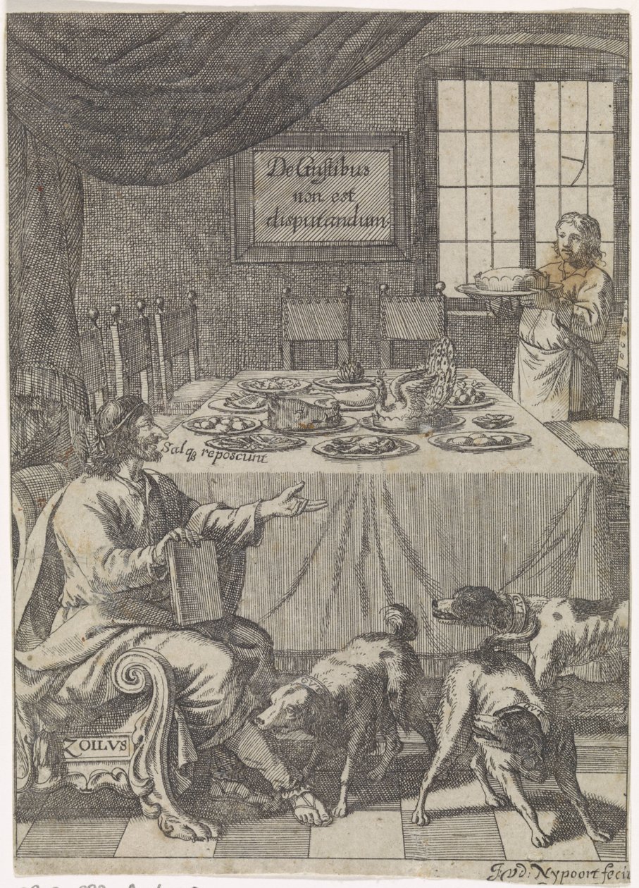 Zoilus Sitting at a Set Table by Justus van den Nijpoort