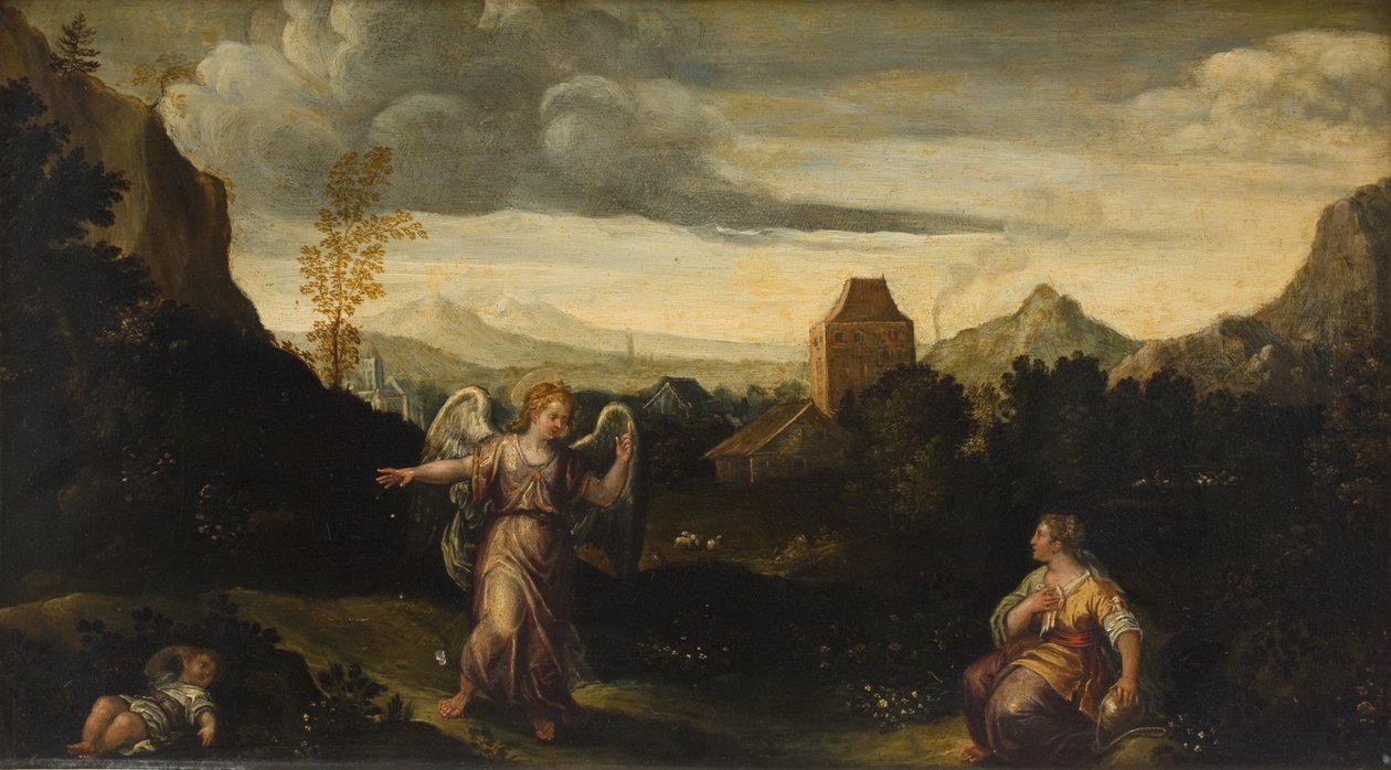 Italian Landscape, in the Foreground Hagar, Ishmael, and an Angel by KMS 560 Ubekendt