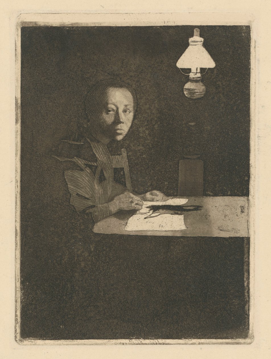 Self-Portrait at the Table (Final Version, 3rd State) by Käthe Kollwitz