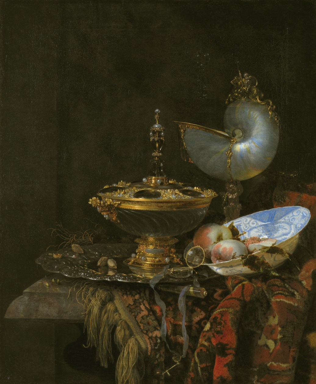 Pronk Still Life with Holbein Bowl, Nautilus Cup, Glass Goblet and Fruit Dish by Kalf