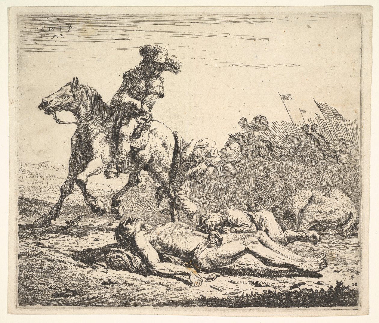 Battlefield with Horseman Looking Over His Left Shoulder Toward Stripped Corpse by Karel Du Jardin