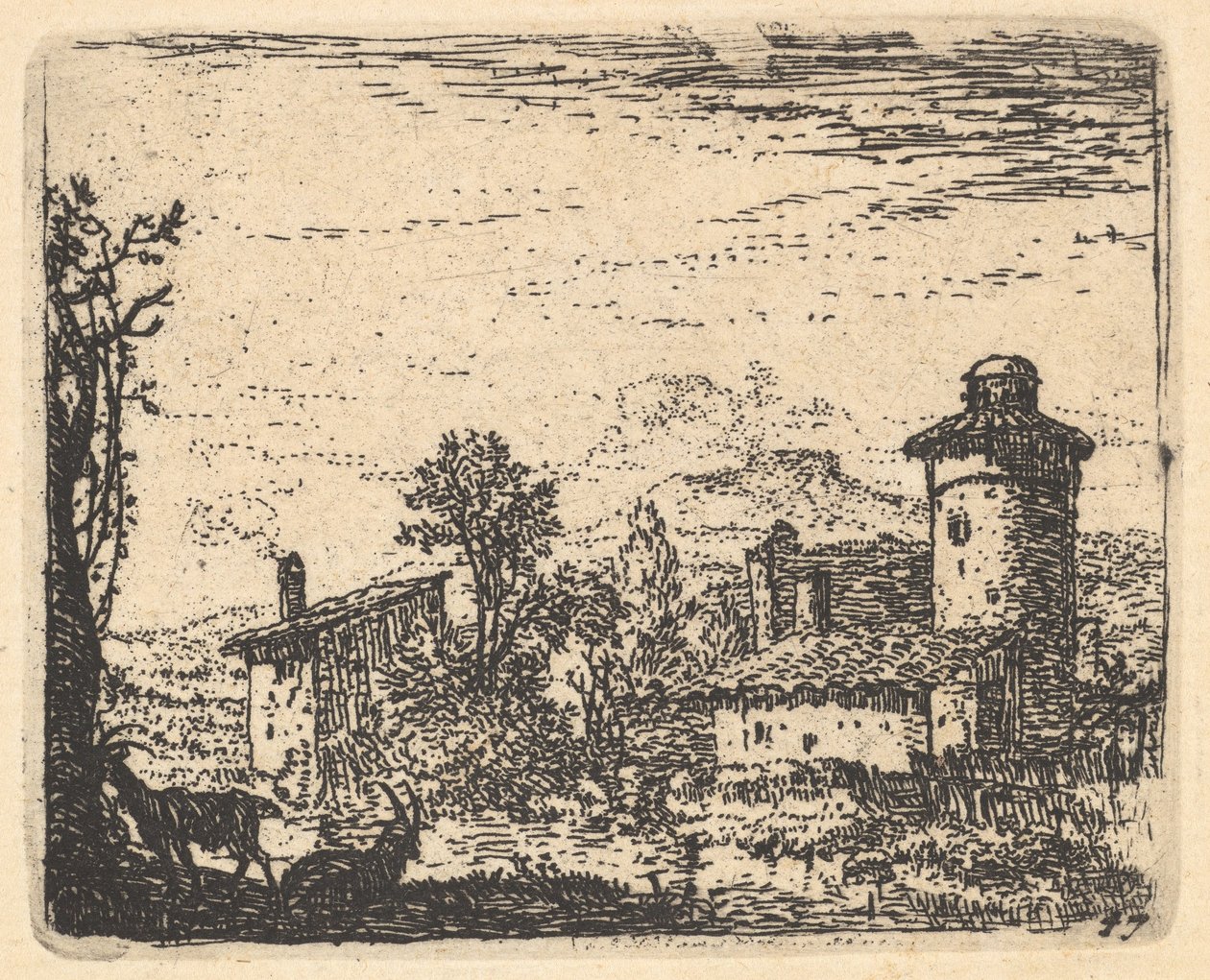 Landscape with Two Horned Goats in Shadow at Left Foreground, Village ...