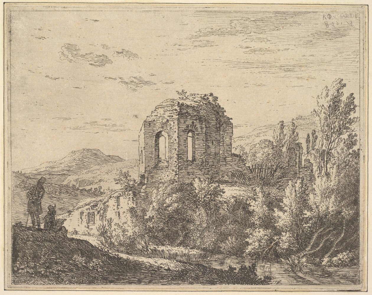 View of ruins showing the corner of a building with two arched windows, in a landscape, 1658 by Karel Du Jardin
