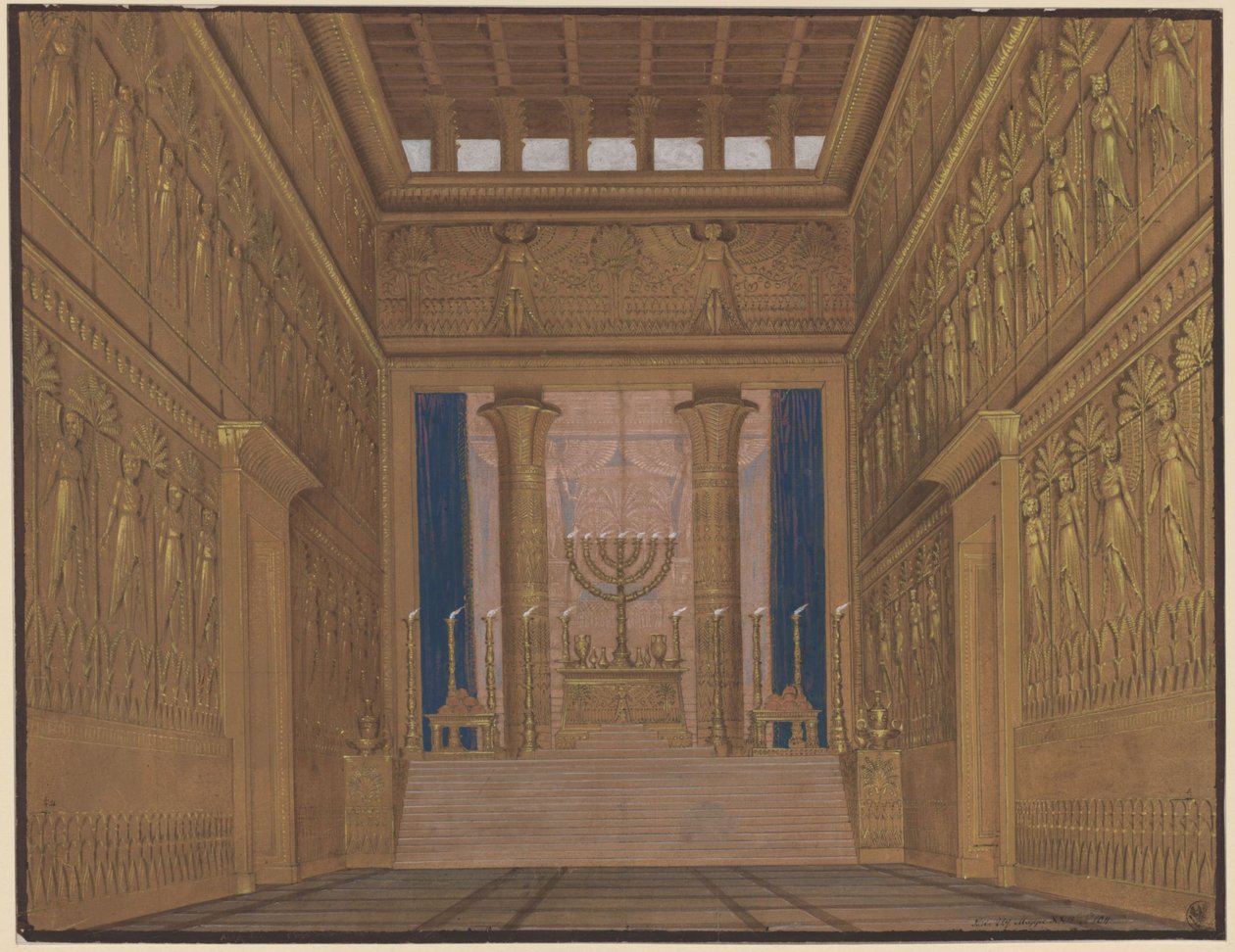 Athalia. Opera by Johann Nepomuk von Poissl. Design for the 2nd Decoration. Interior View of the Temple in Jerusalem by Karl Friedrich Schinkel
