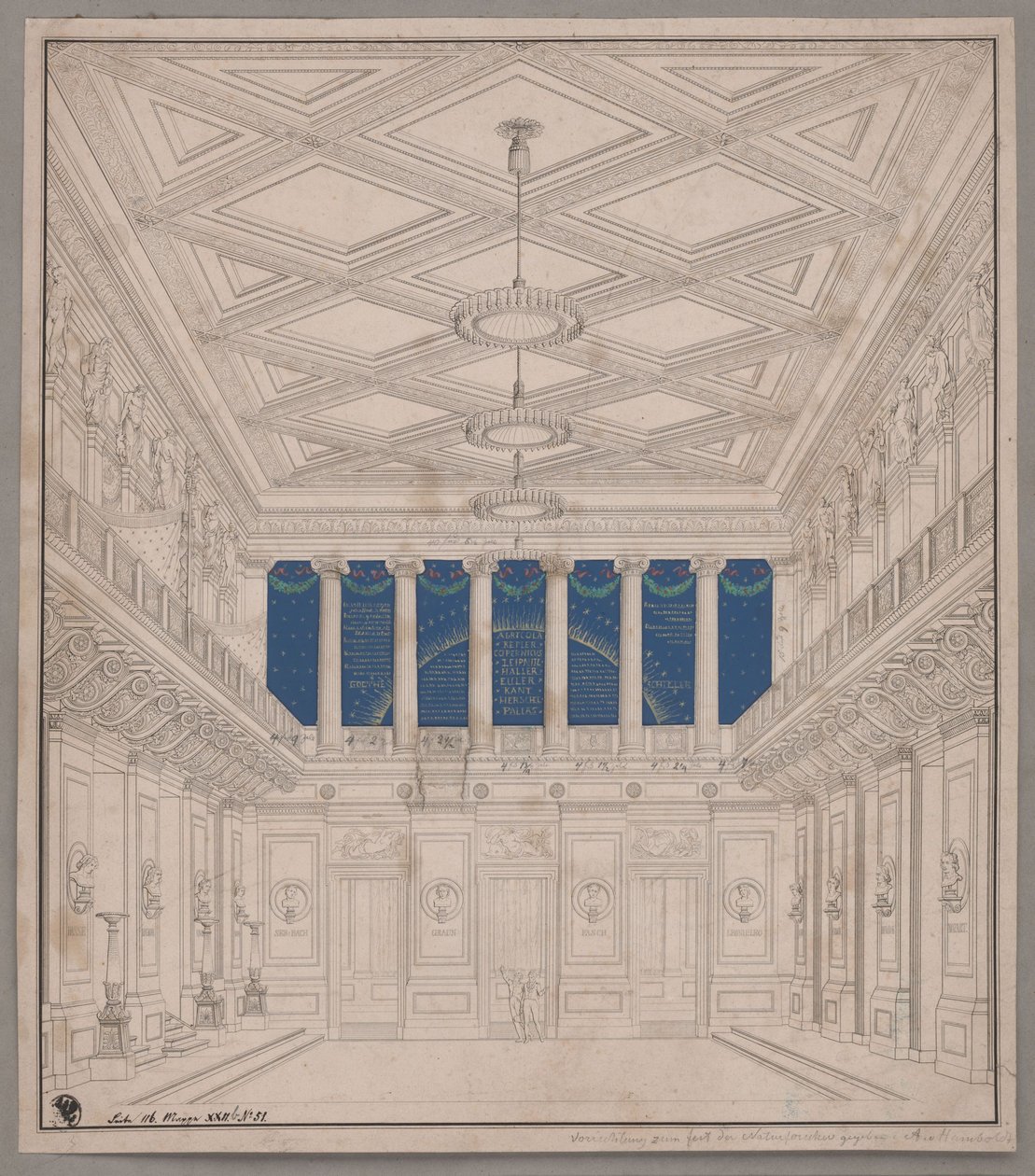 Berlin. Schauspielhaus on the Gendarmenmarkt, Concert Hall. Decoration for the Festival of Natural Scientists by Karl Friedrich Schinkel