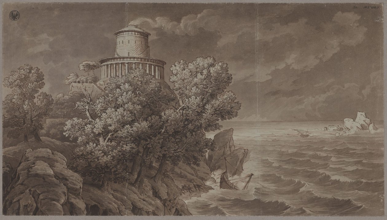 Rocky Sea Coast with an Antique-Style Lighthouse, in Rough Seas by Karl Friedrich Schinkel