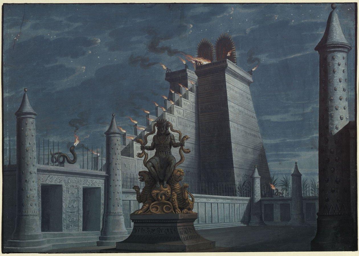 Fernand Cortez, or: The Conquest of Mexico. Opera by Gaspare Spontini. Design for the 1st Decoration. Indian Fire Temple by Karl Friedrich Schinkel