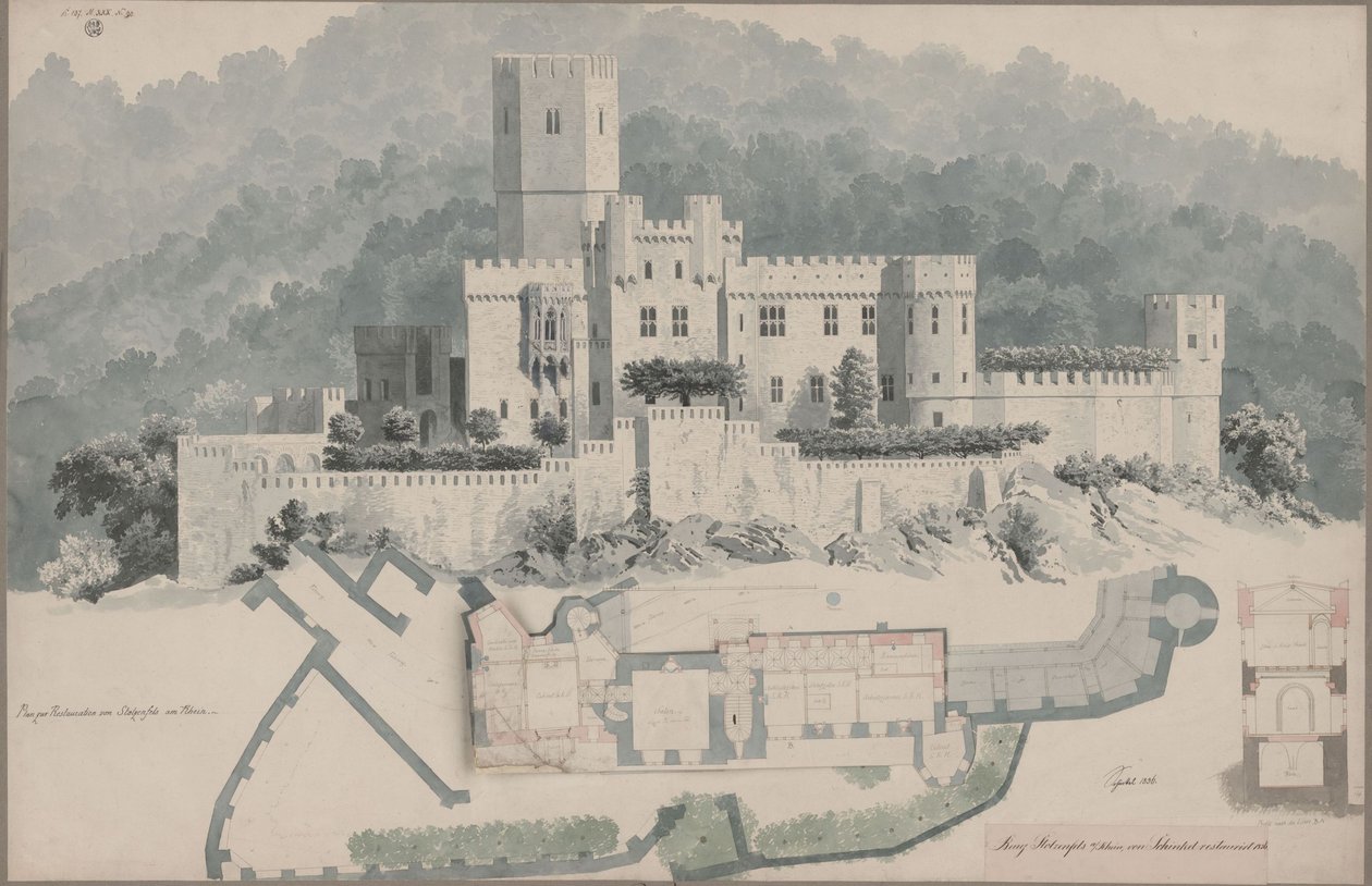 Koblenz. Stolzenfels Ruin. Upper Floor Plan and View by Karl Friedrich Schinkel