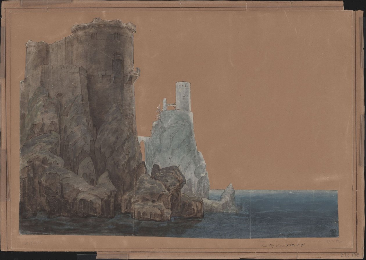 King Yngurd. Tragedy by Adolf Müllner. Design for the 4th set. Tower with the Gate of Death by the sea by Karl Friedrich Schinkel