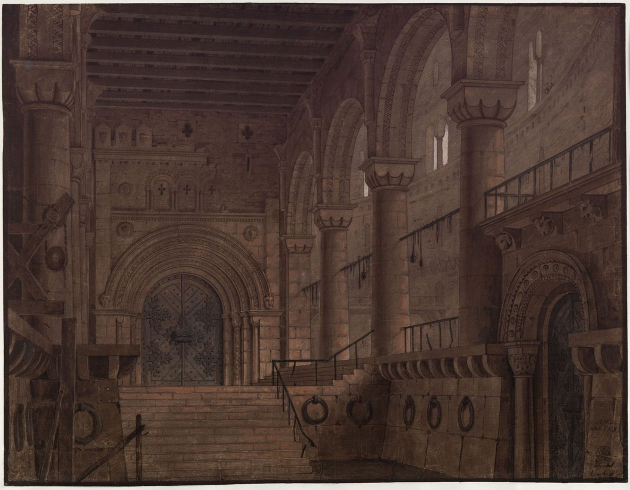 King Yngurd. Tragedy by Adolf Müllner. Design for the 5th Decoration. Hall in the Tower with the Gate of Death by Karl Friedrich Schinkel