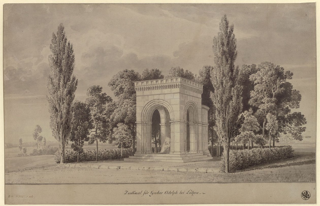 Lützen. Design for a monument to King Gustav II Adolf of Sweden in the form of a Romanesque hall above the Swedish Stone with an attached apse. View by Karl Friedrich Schinkel