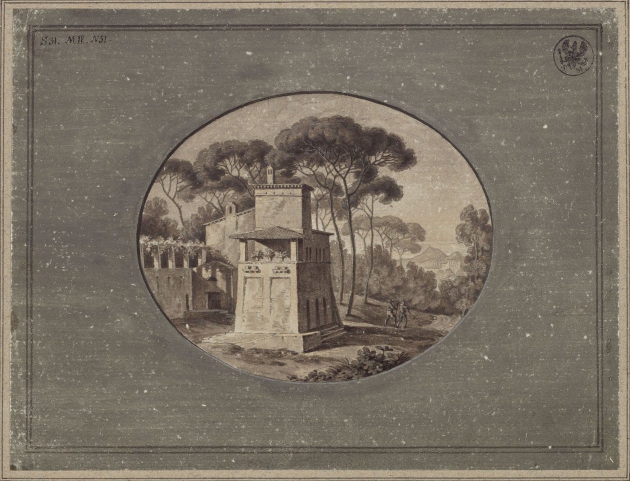 “Dairy Farm in the Pine Grove of the Villa Borghese near Rome” / The Casa Cenci in the Park of the Villa Borghese in Rome by Karl Friedrich Schinkel
