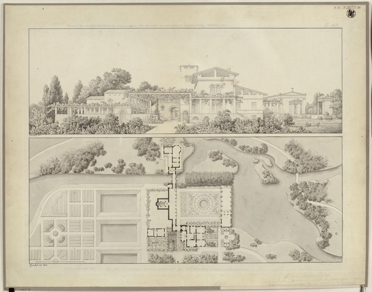 Potsdam-Sanssouci. Roman Baths at Charlottenhof Palace. View from the West and Floor Plan of the Gardener