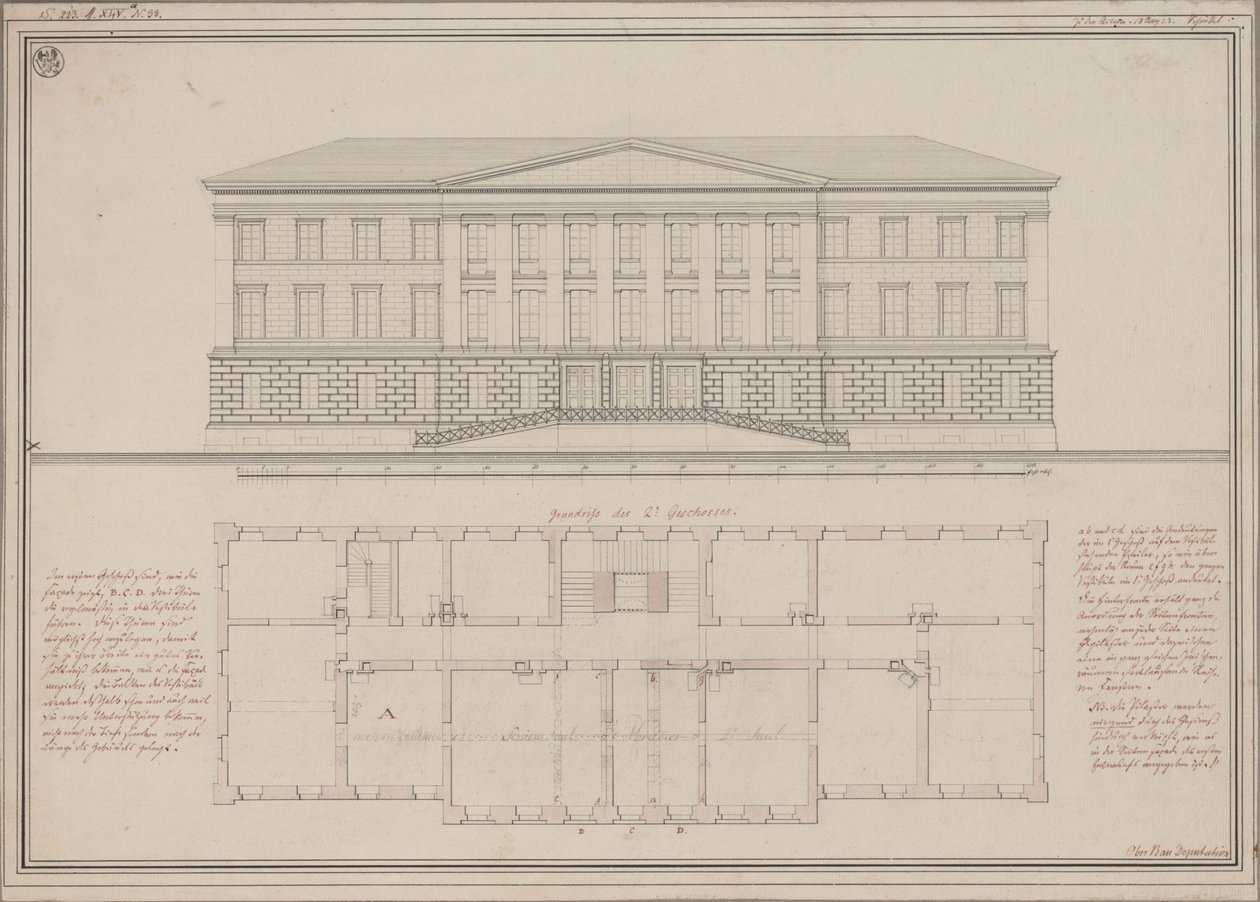 Ratibor (Racibórz). Design for the Higher Regional Court. Elevation and Floor Plan by Karl Friedrich Schinkel