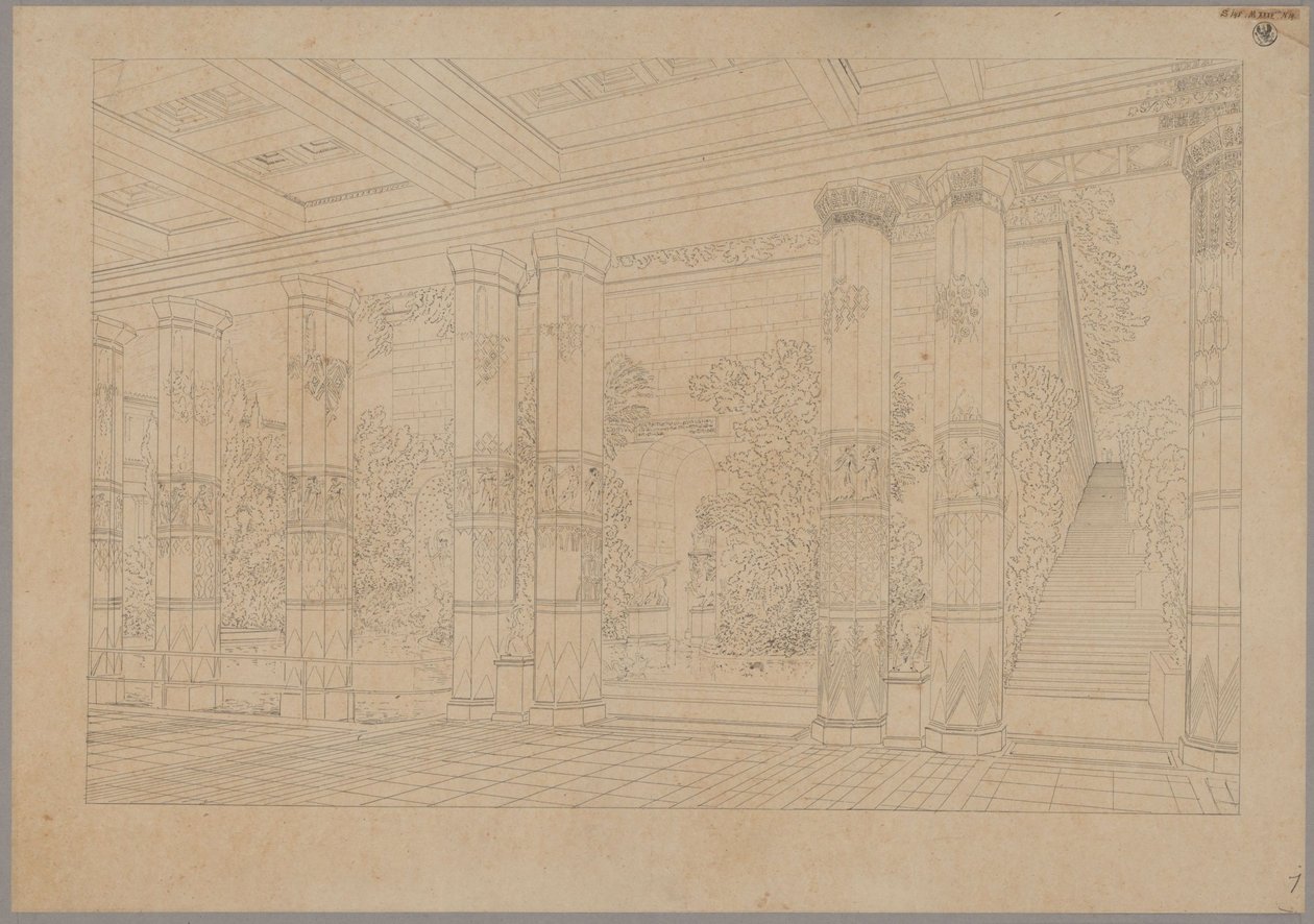 Orianda Castle in Crimea. Antique Design. Perspective View of the Portico of the Imperial Court with Basin and Museum by Karl Friedrich Schinkel