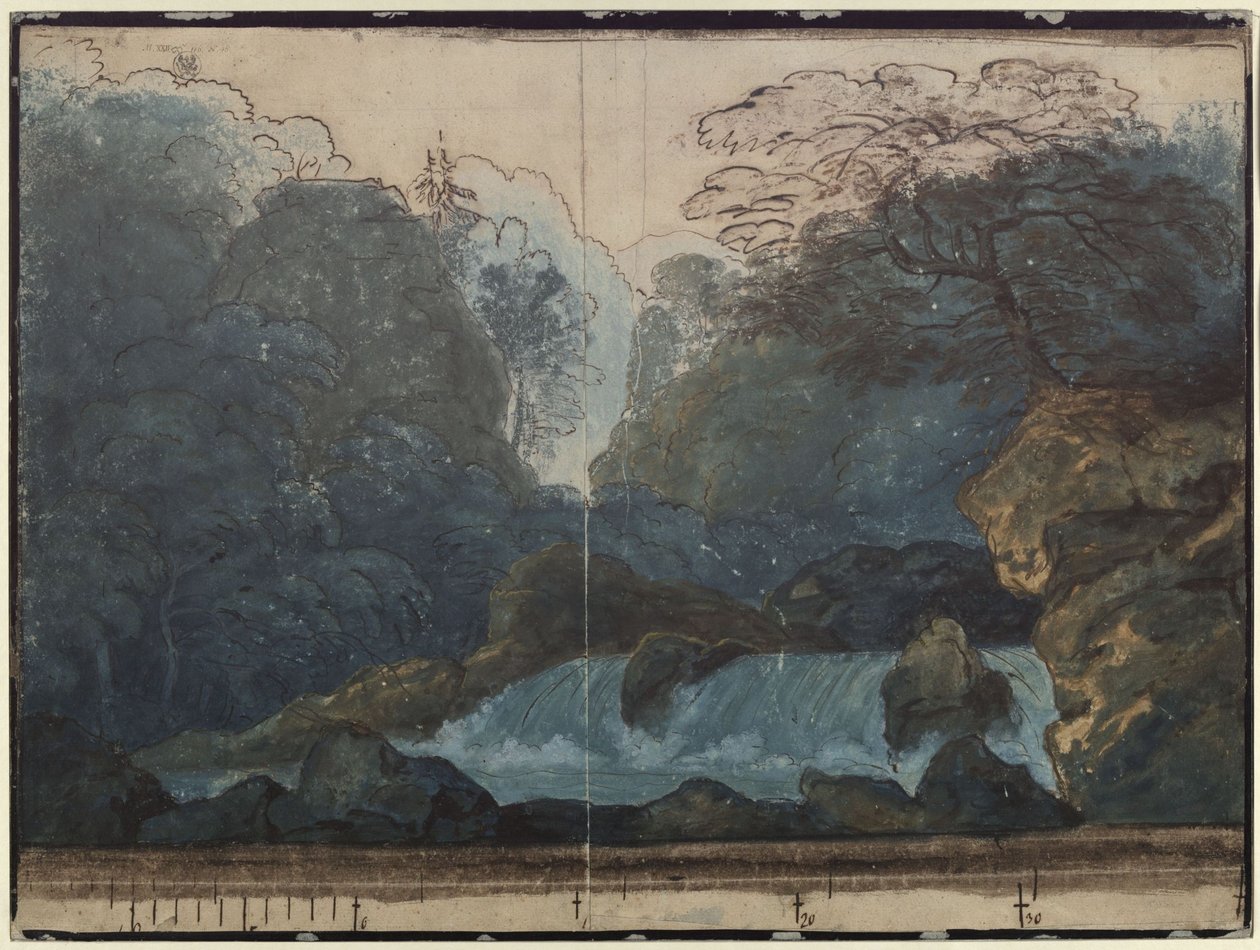 Undine. Opera by E. T. A. Hoffmann. Design of the 2nd Decoration. Forest with Waterfall by Karl Friedrich Schinkel