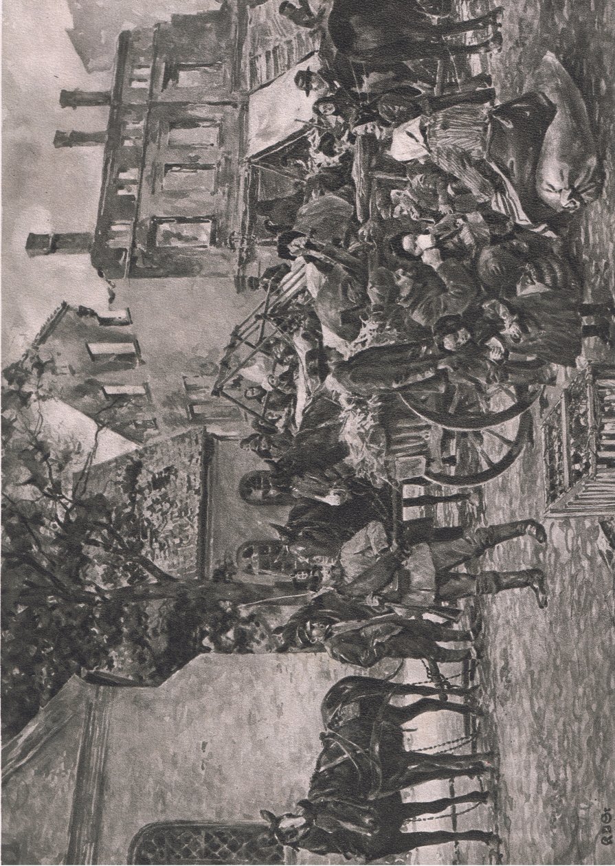 East Prussian refugees returning home, resting at the market place in Tapiau, illustration from Hindenburg published by Daterlandischer Derlag C U Weller Berlin by Karl Storch