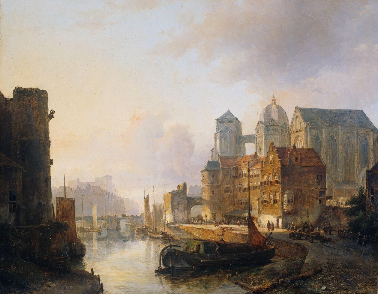 Imaginary View of a Riverside Town with Aachen Cathedral by Kasparus Karsen (signed by artist)