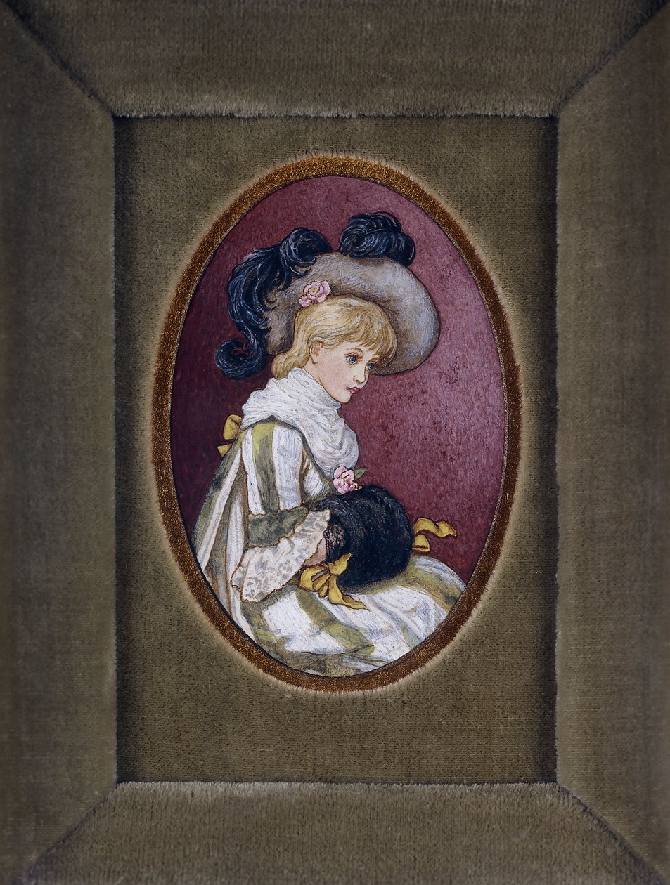 Oval portrait of a blonde girl wearing a plumed hat with her hands inside her muff by Kate Greenaway