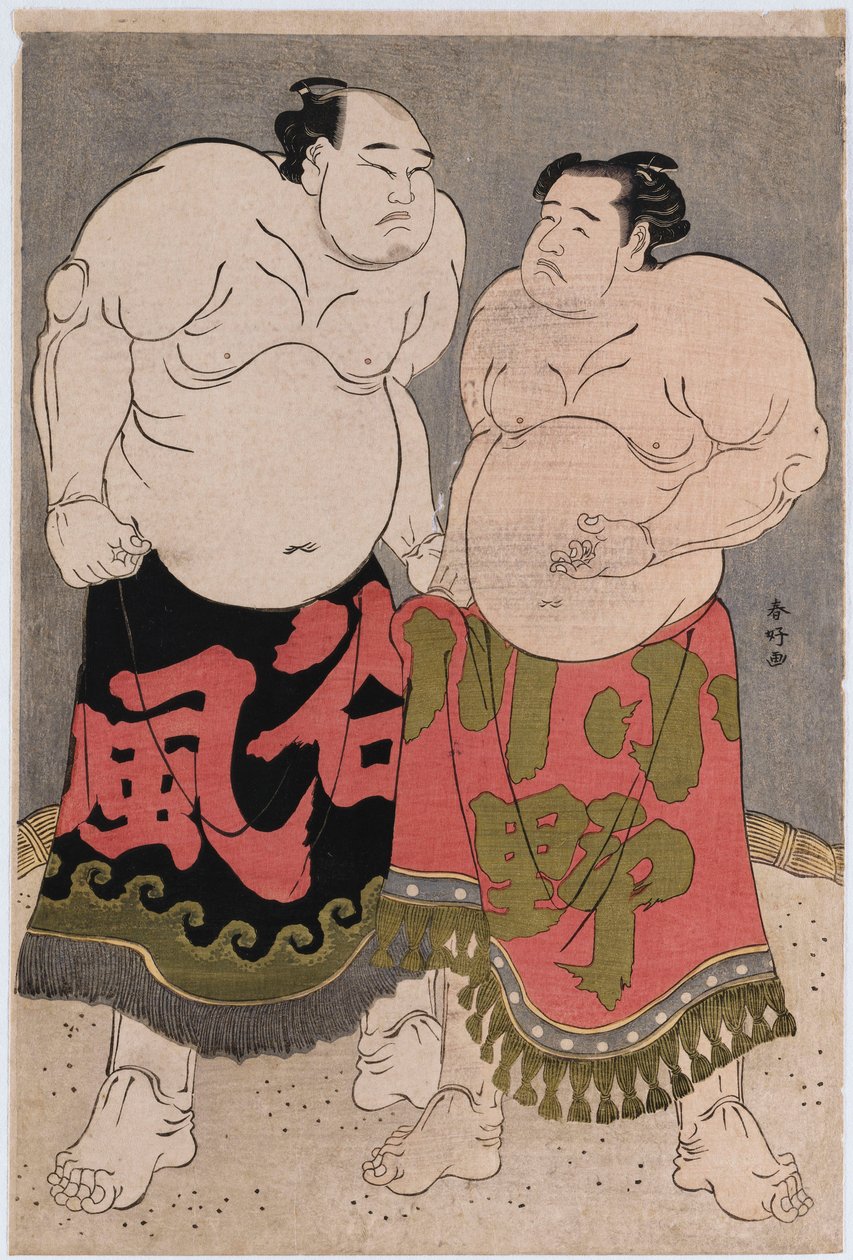Full-length portraits of the wrestlers Onogawa Kisaburo and Tanizake Kajinosuke by Katsukawa Shunko