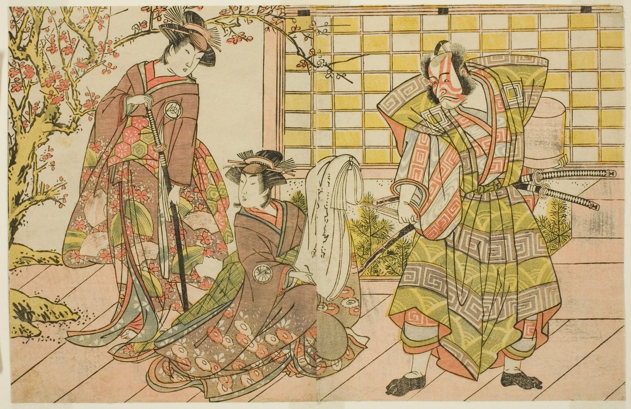 The Actors Ichikawa Danjuro V as Miura Kunitae, Segawa Kikunojo III as Yasukata, and Iwai Hanshiro IV as Utou, in the Play Godai Genji Mitsugi no Furisode, Performed at the Nakamura Theater in the Eleventh Month, 1782 by Katsukawa Shunsho