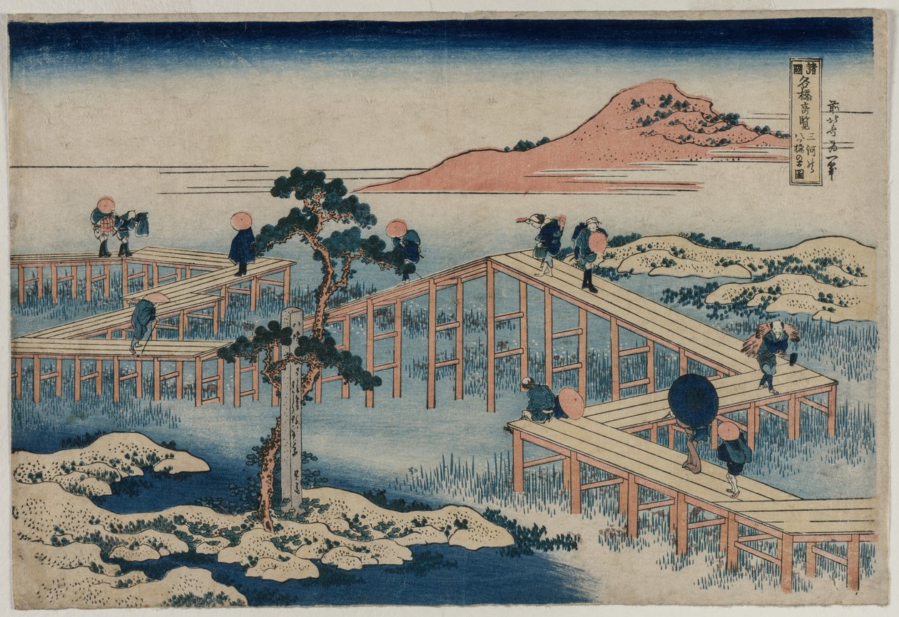 An Ancient Picture of the Eight Part Bridge in Mikawa Province, from the series Curious Views of Famous Bridges in the Provinces by Katsushika Hokusai