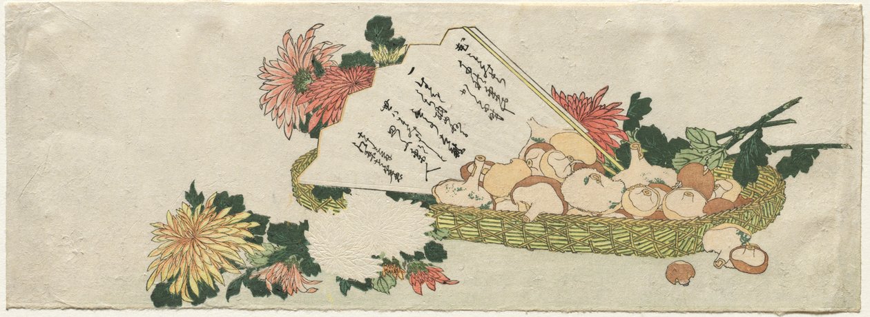 Basket with Fan, Chrysanthemums, and Mushrooms by Katsushika Hokusai