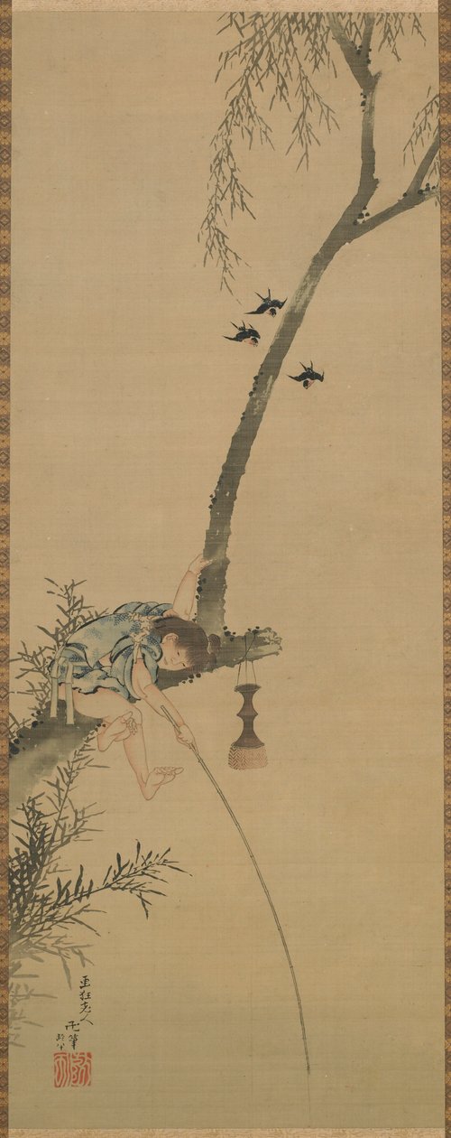 Boy fishing from the limb of a tree by Katsushika Hokusai