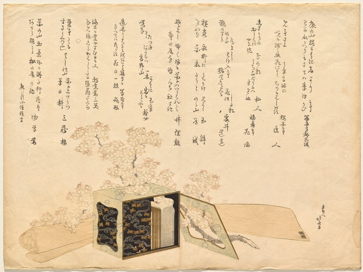 Portable Lacquer Picnic Carrier and Cherry Blossoms by Katsushika Hokusai
