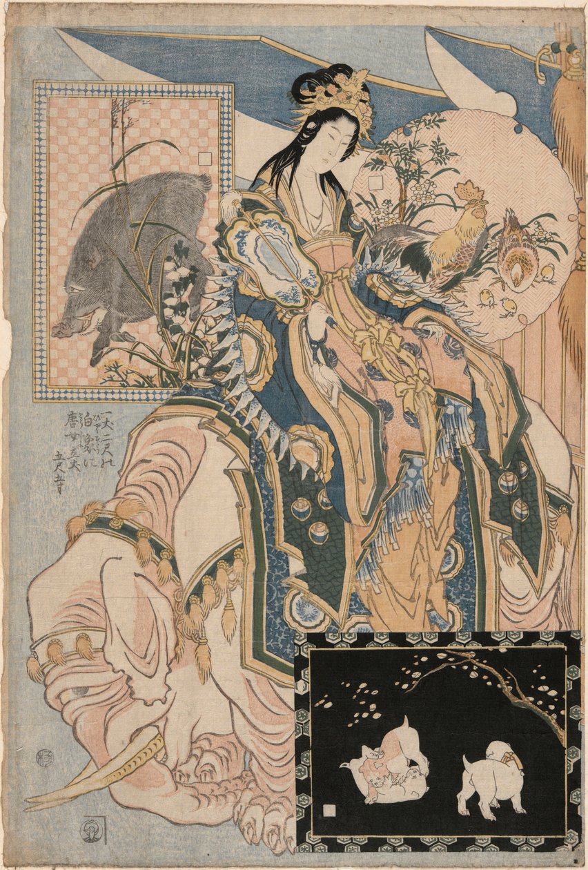Tang Lady on a White Elephant, from a set Advertising Giant Straw Works in a Fair Attraction by Katsushika Hokusai