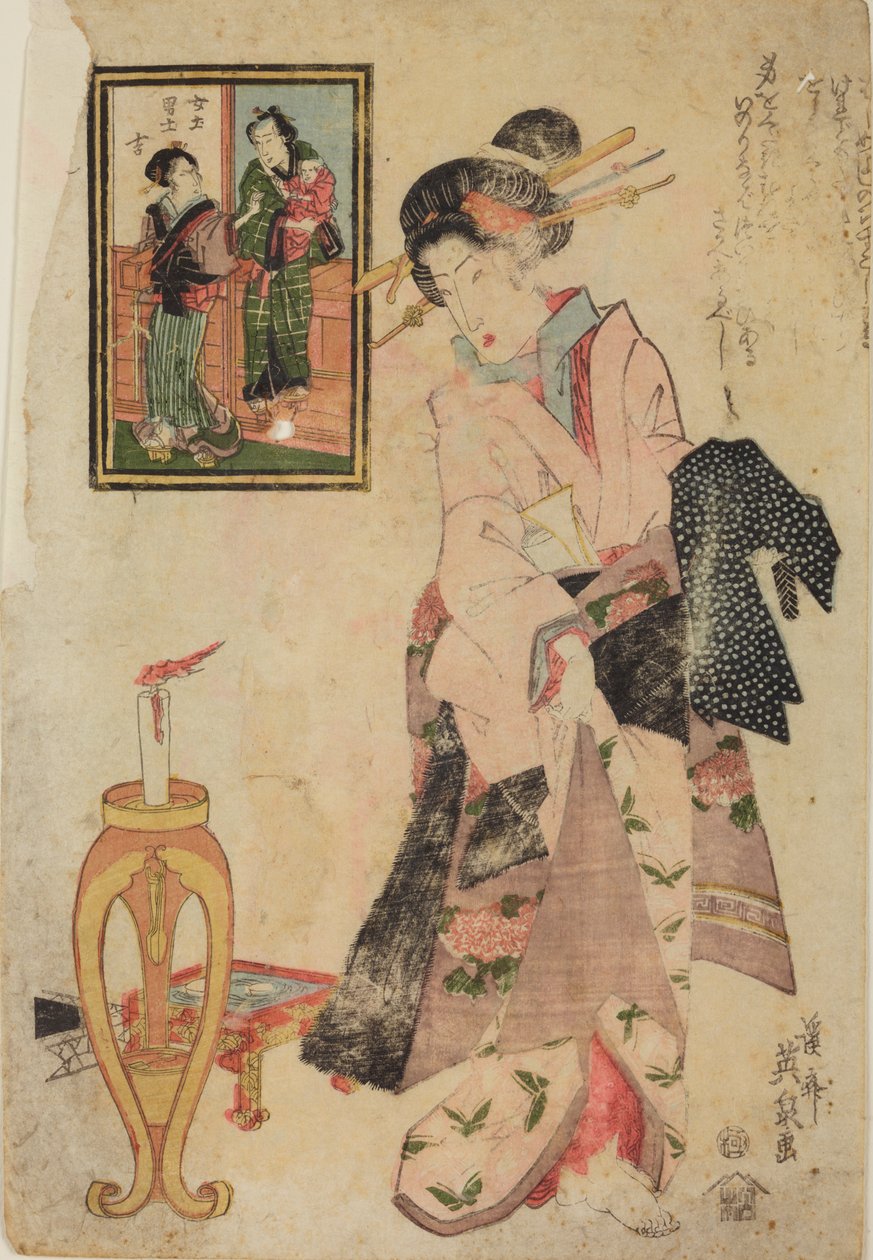 Woman Beside a Candlestick with a Burning Candle by Keisai Eisen