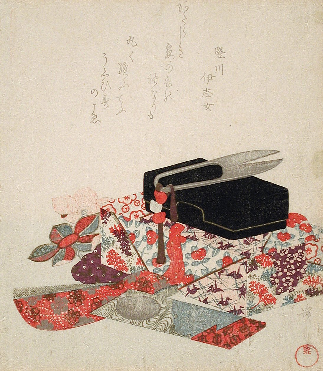 Still Life with Sewing Box, Scissors and Cloth for Hair Ornaments by Keisai Eisen