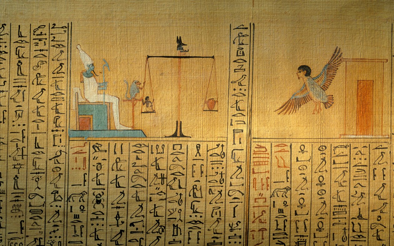 Papyrus from the tomb of Maiherpri; Valley of the Kings; Ba leaving tomb; weighing of the heart by Kenneth Garrett