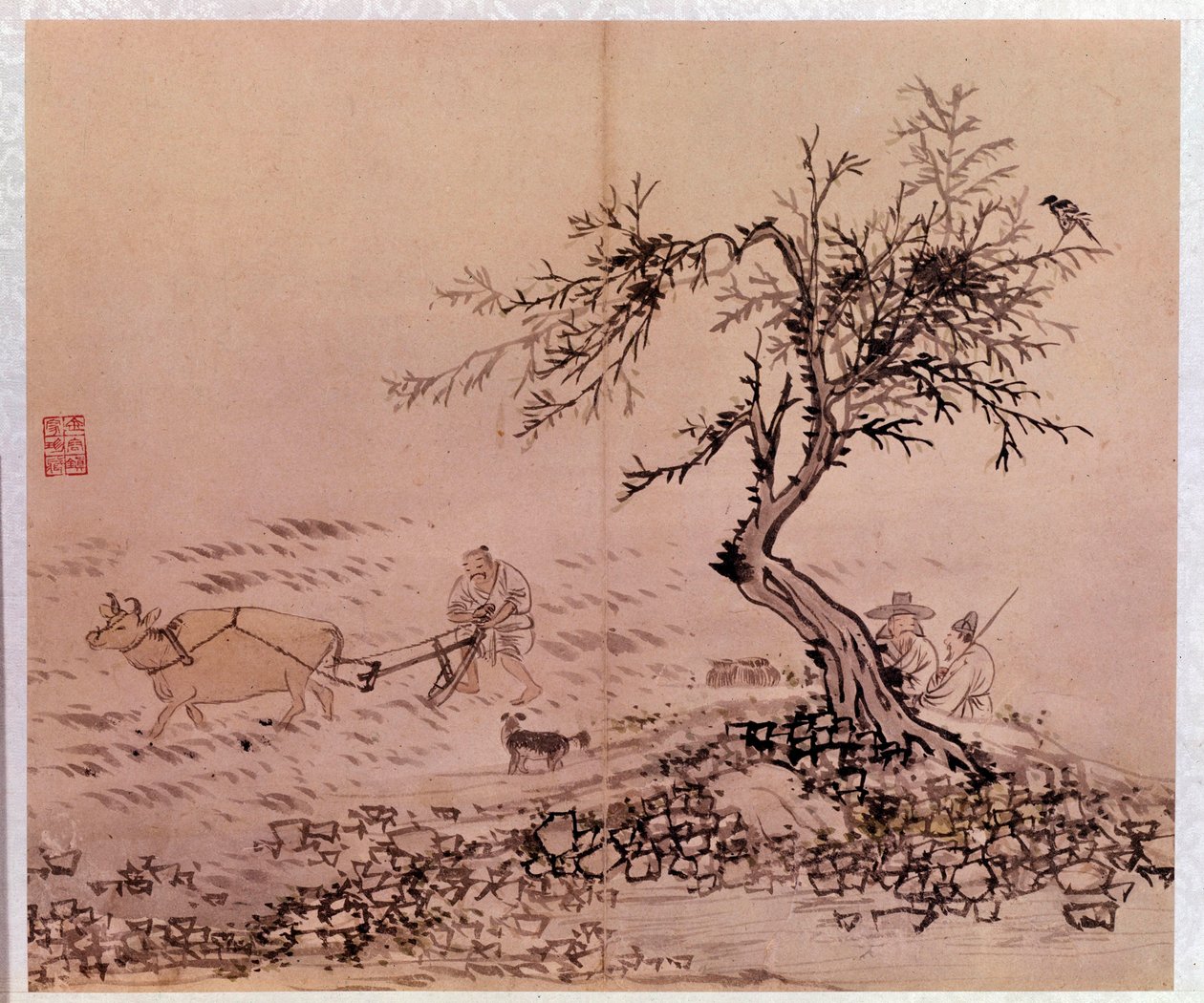 Korean art: scene of plowing by Kim Hong Do