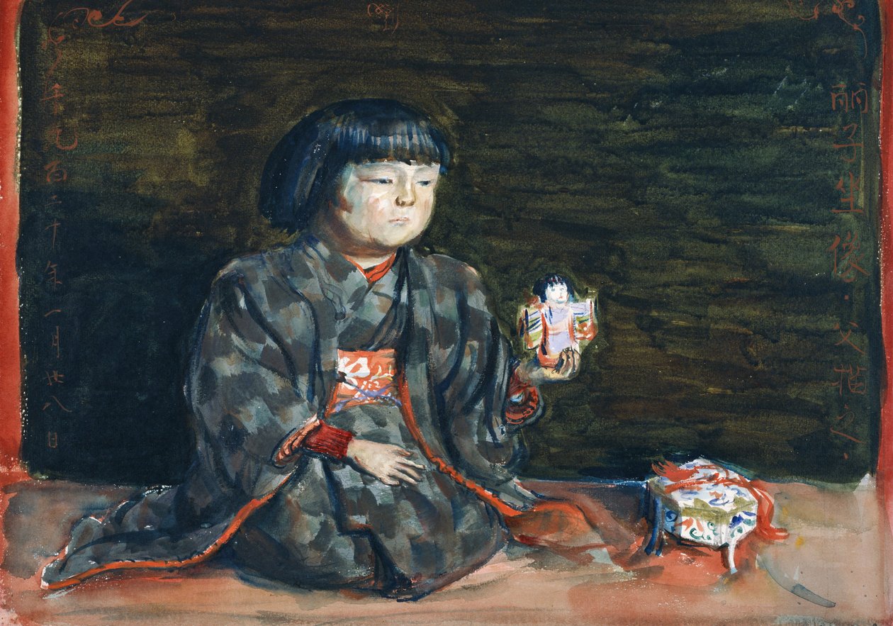 Seated Portrait of Reiko with a Doll by Kishida Ryusei