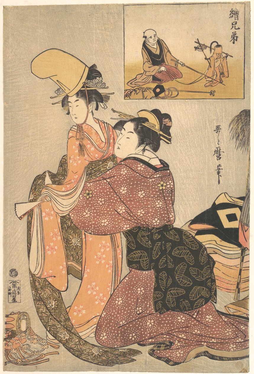 A Woman Dressing a Girl for the Kabuki Dance “Musume Dojōji,” with “Brother Picture” (E-kyōdai) of a Monkey Trainer by Kitagawa Utamaro