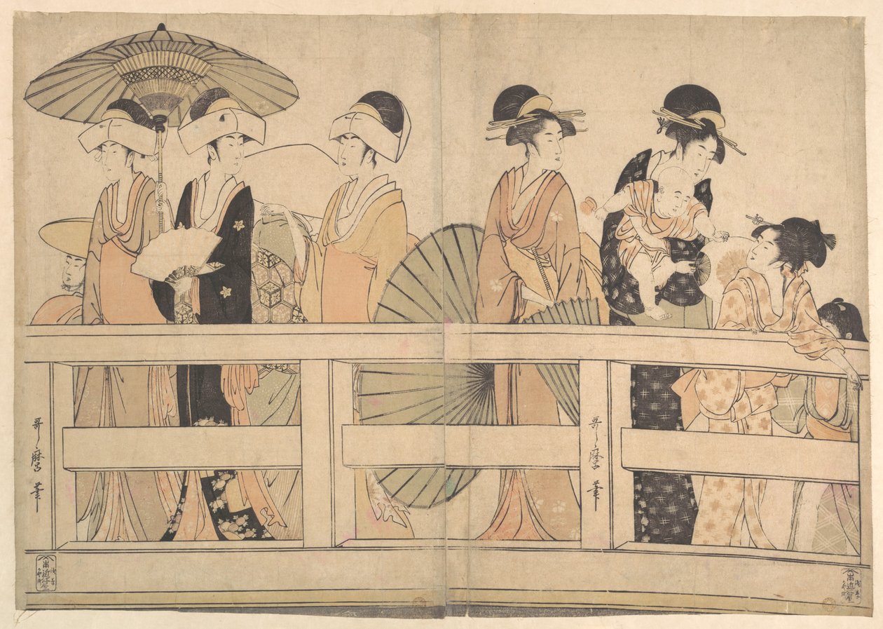 Enjoying the Cool Evening Breeze on and under the Bridge by Kitagawa Utamaro